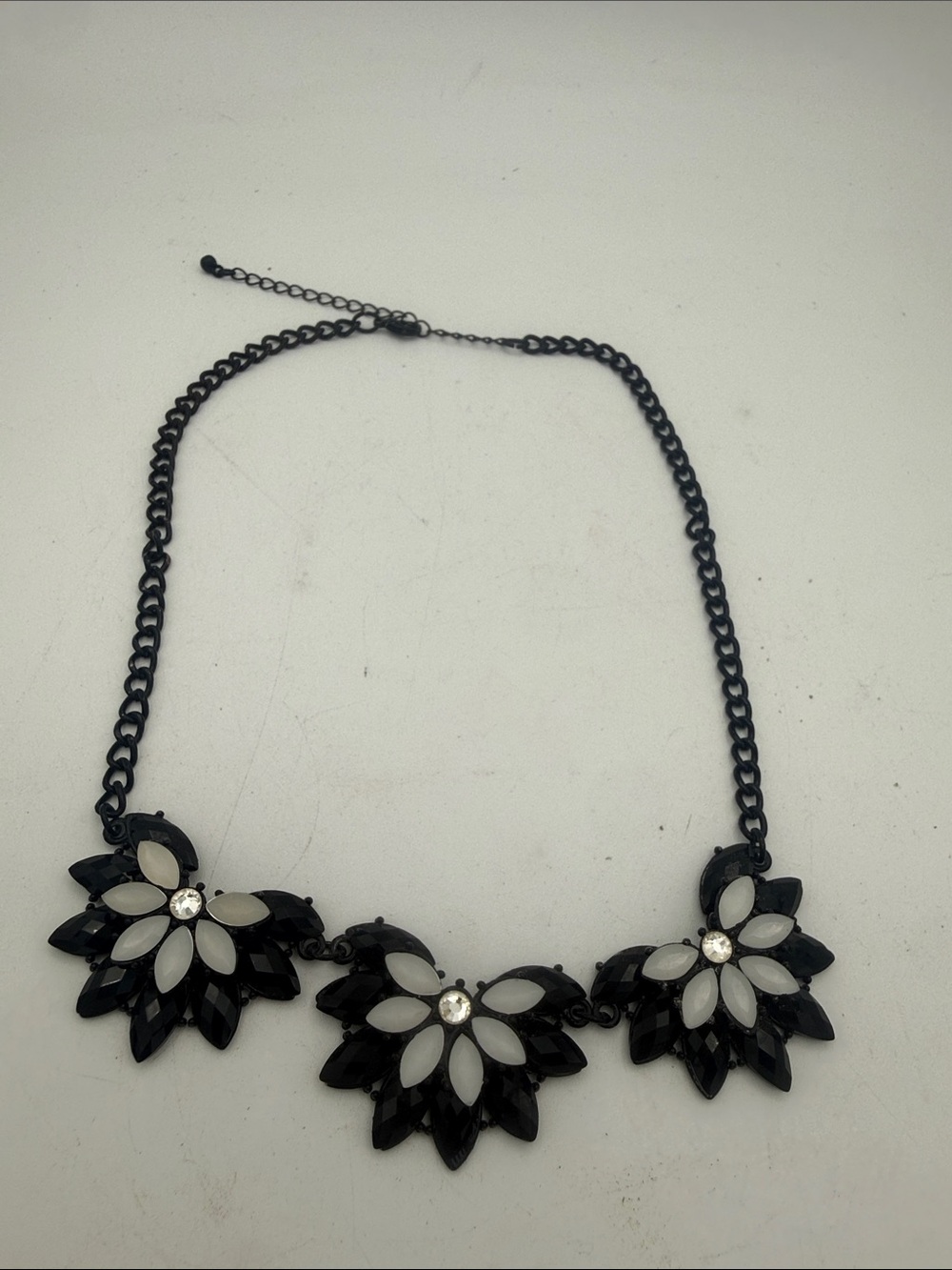 Black Resin White Flower Crystal Bib Statement Necklace Gunmetal